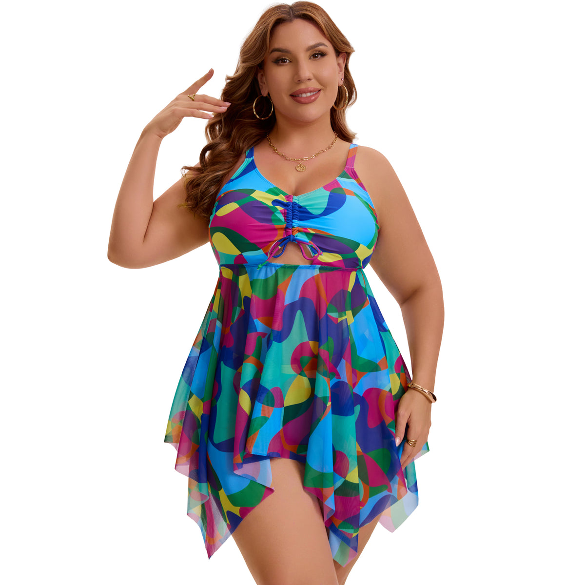 [PACK SALES] Women's Plus Size 2 Sets Swimsuit Sets Beach Bathing Suit Mesh Flowy Cutout Adjustable Tankini Top with Shorts