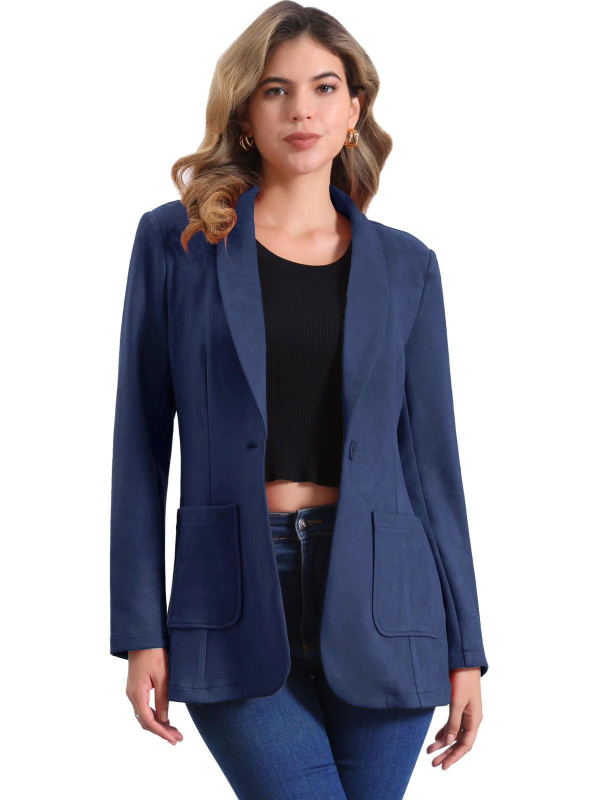 Women's Faux Suede Blazer Lapel Collar One Button Dressy Suit Jacket (Available in Plus Size)