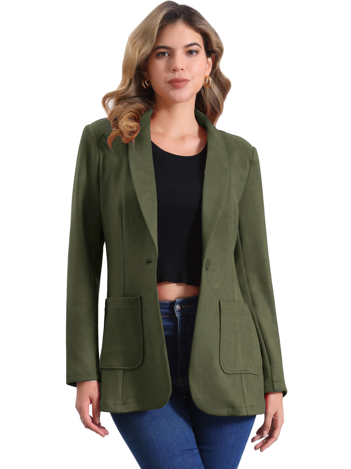 Women's Faux Suede Blazer Lapel Collar One Button Dressy Suit Jacket (Available in Plus Size)