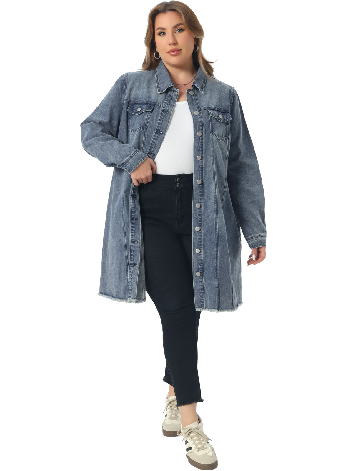 Women's Plus Size Denim Jacket Casual Long Distressed Button Up Pockets Jean Jackets