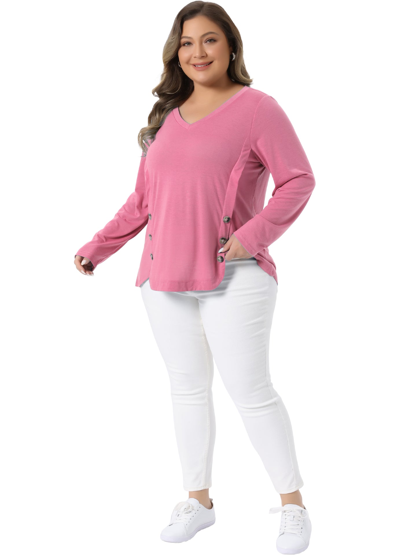 Women Plus Size Tunic Tops Casual V Neck Loose Button Side Long Sleeve Swing Blouse