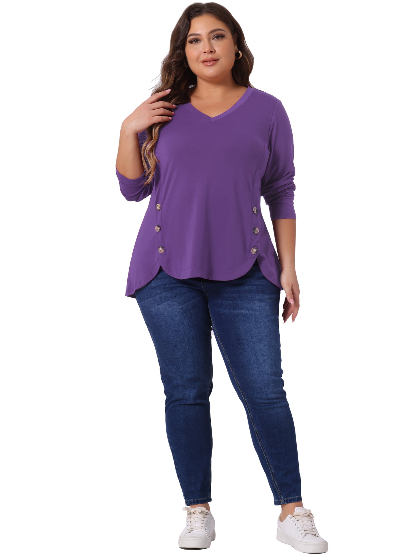 Women Plus Size Tunic Tops Casual V Neck Loose Button Side Long Sleeve Swing Blouse