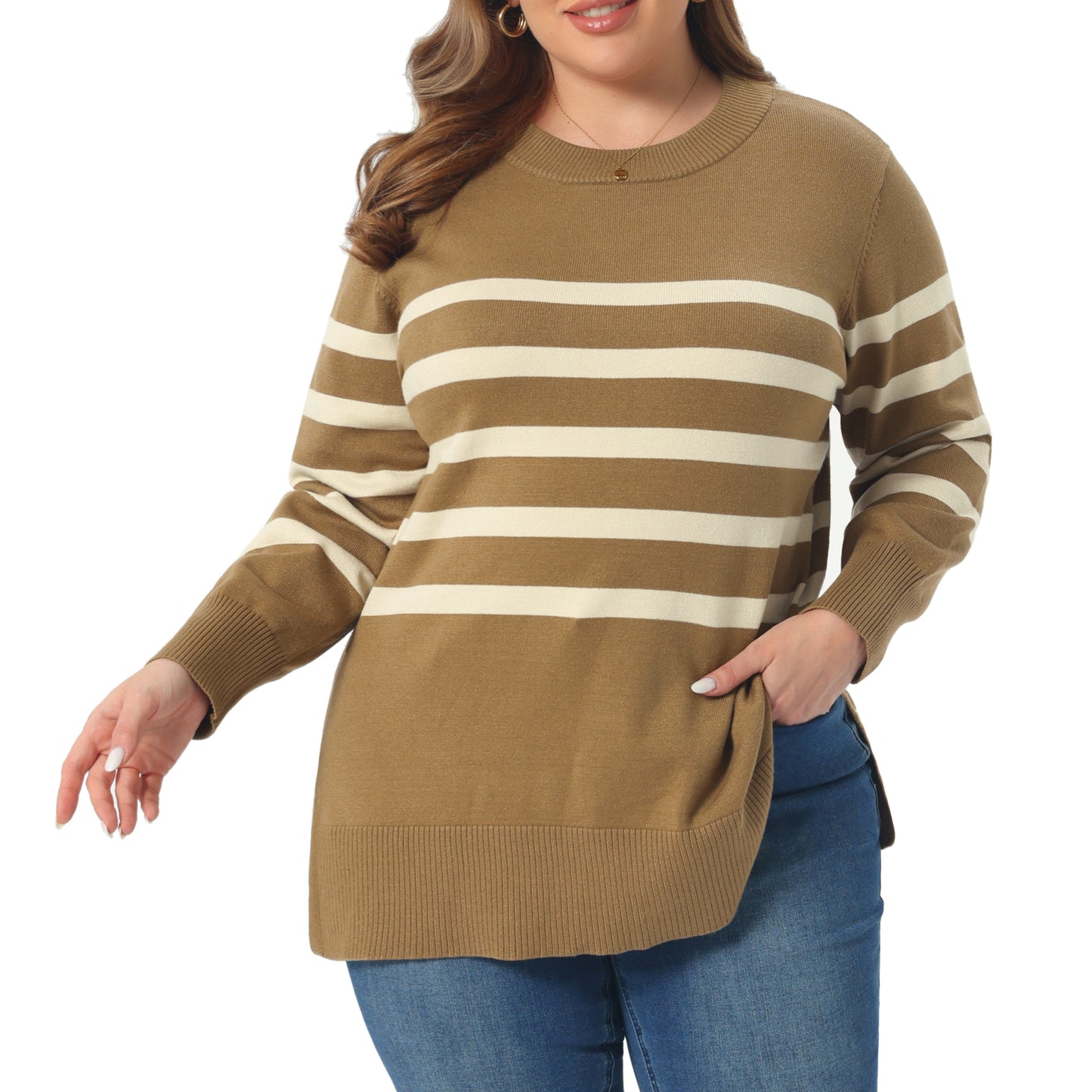 Women's Plus Size Striped Crewneck Cozy Pullover