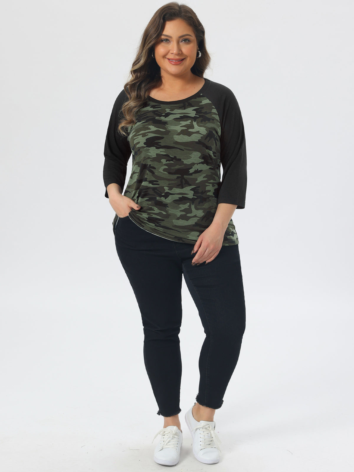 Women's Plus Size Raglan Crewneck 3/4 Sleeve Tunic Tee Shirt Floral Print T-Shirt Casual Top