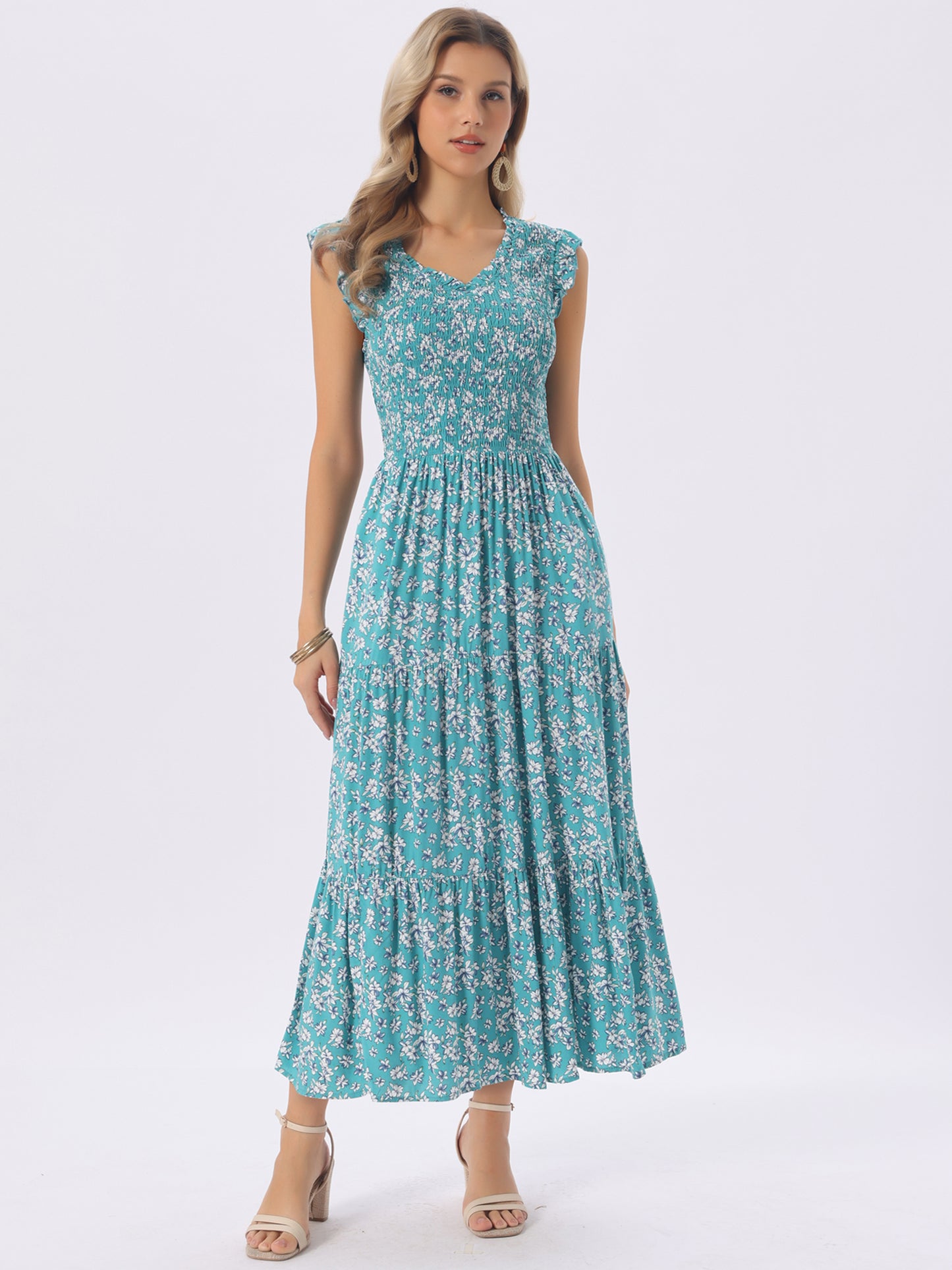 Women's Summer Dresses Casual Ruffle Sleeveless V Neck Floral Sundress Flowy Smocked Beach Maxi Dress