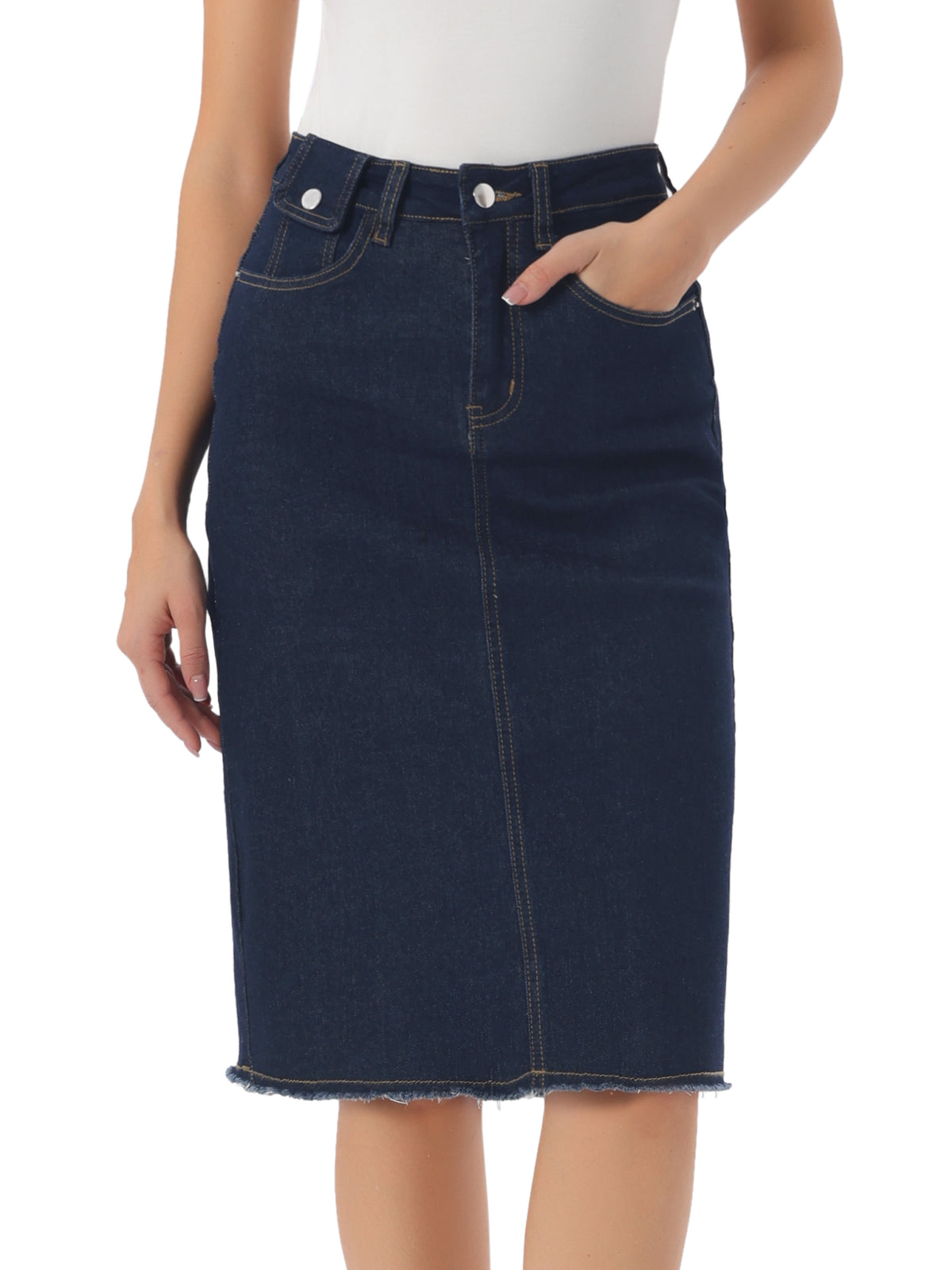 Women's Casual High Waist Back Slit Stretch Denim Skirt (Available in Plus Size)