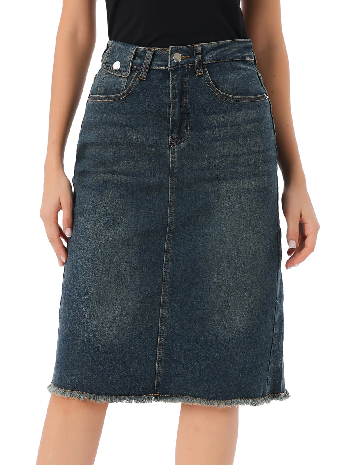 Women's Casual High Waist Back Slit Stretch Denim Skirt (Available in Plus Size)