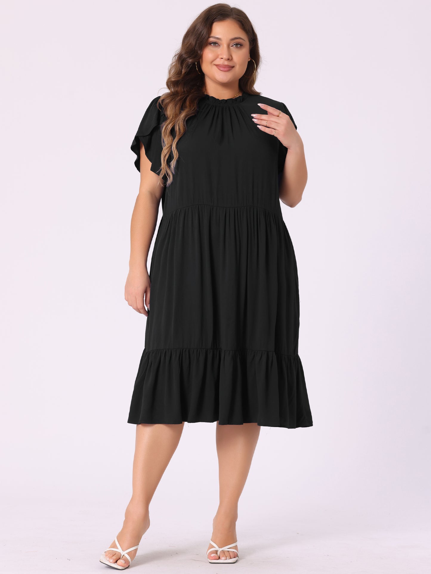 Women's Plus Size Dress Tie Back Petal Sleeve Mock Neck Ruffle Hem A-Line Swing Midi Dresses