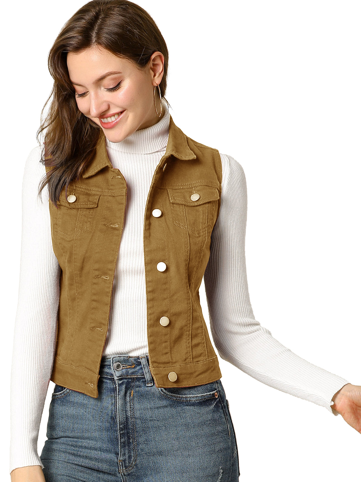 Women's Buttoned Washed Denim Vest Jacket W Chest Flap Pockets (Available in Plus Size)