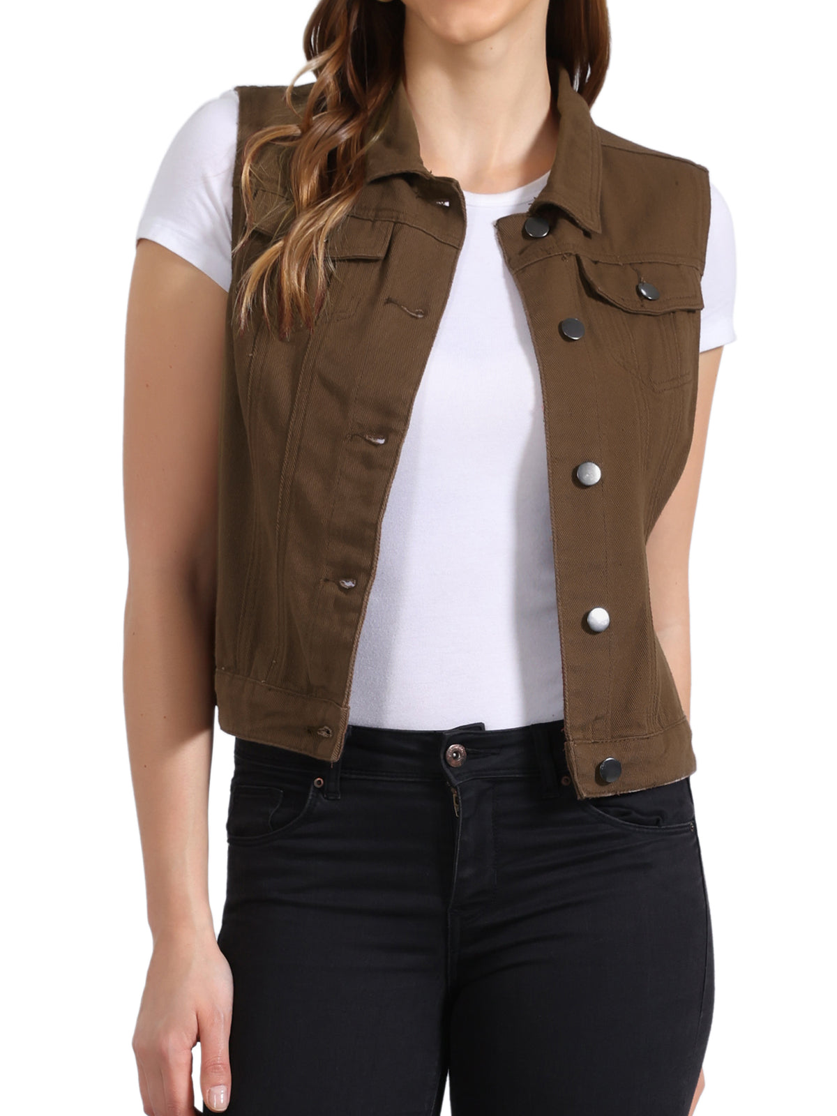 Women's Buttoned Washed Denim Vest Jacket W Chest Flap Pockets (Available in Plus Size)