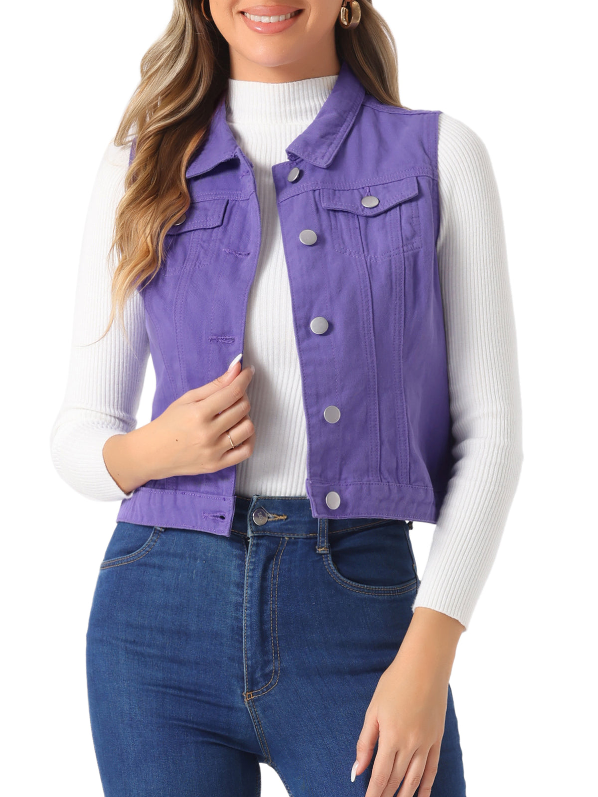 Women's Buttoned Washed Denim Vest Jacket W Chest Flap Pockets (Available in Plus Size)