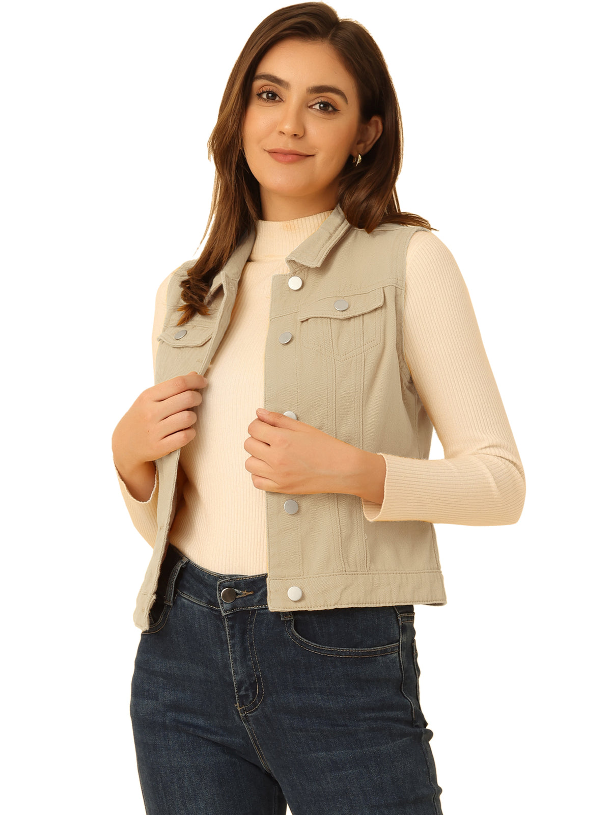 Women's Buttoned Washed Denim Vest Jacket W Chest Flap Pockets (Available in Plus Size)