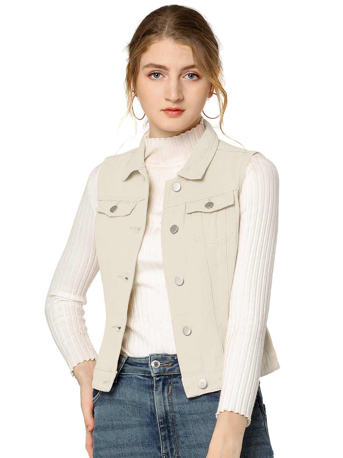 Women's Buttoned Washed Denim Vest Jacket W Chest Flap Pockets