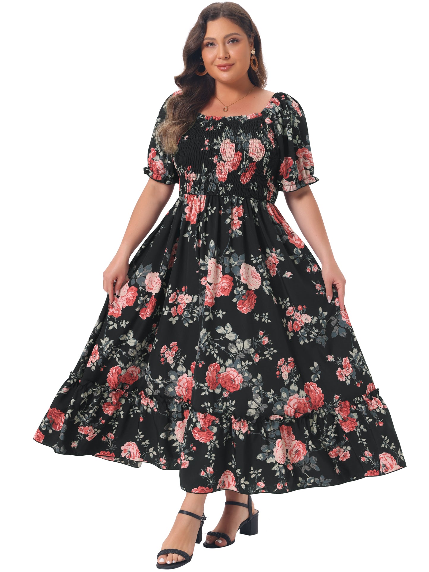 Women Plus Size Short Sleeve Shirred Square Neck Floral Maxi Long Dress