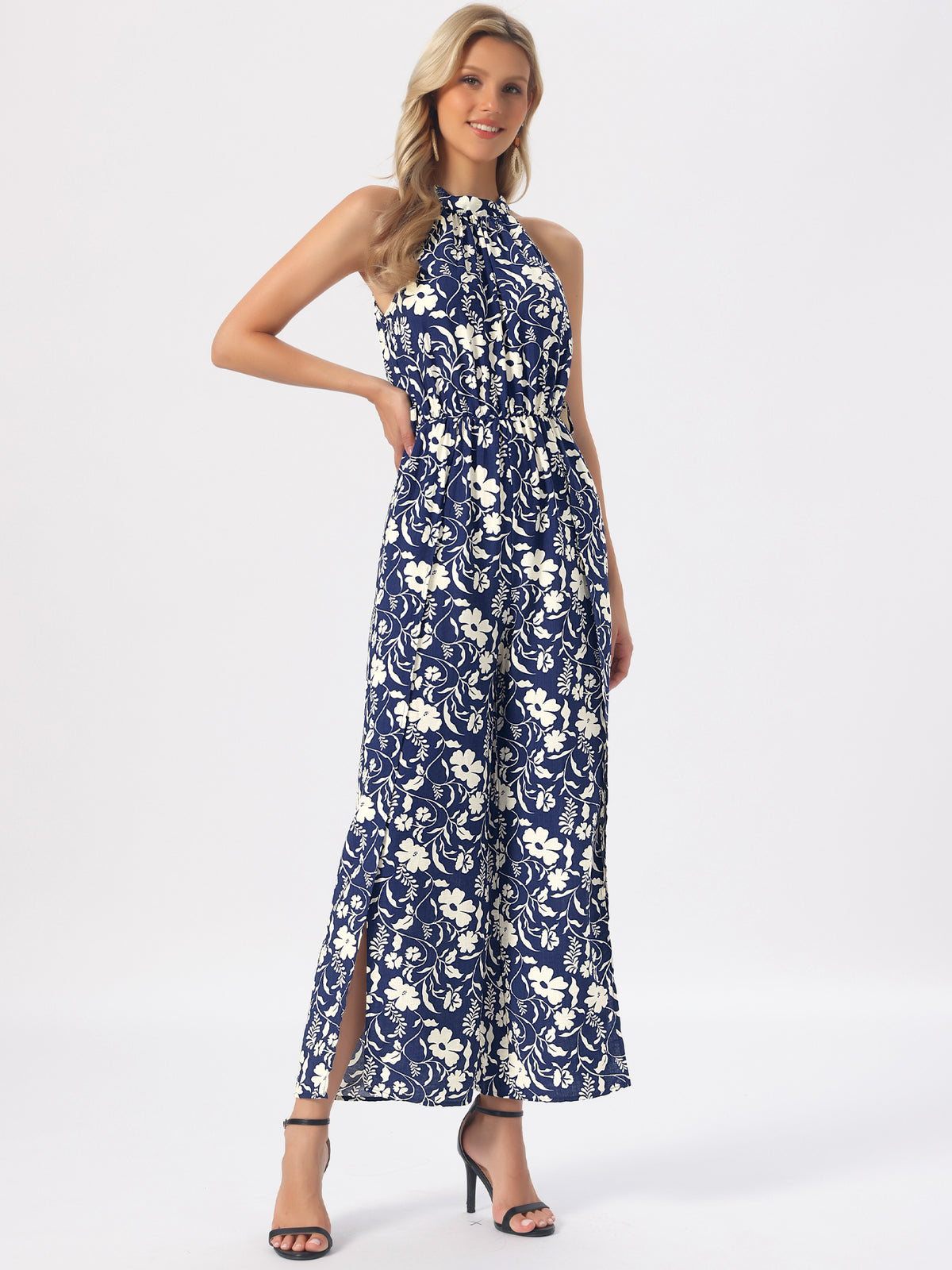 Women's Casual Sleeveless Jumpsuit Boho Pattern Tie Halter Neck Beach Slit Wide Leg Pants
