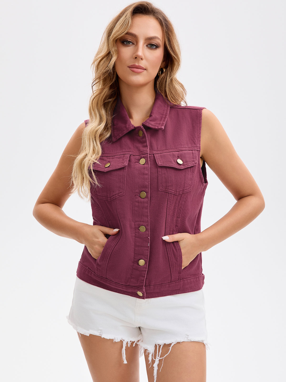 Women's Denim Vest Button Down Chest Flap Pockets Washed Distressed Sleeveless Jean Jacket