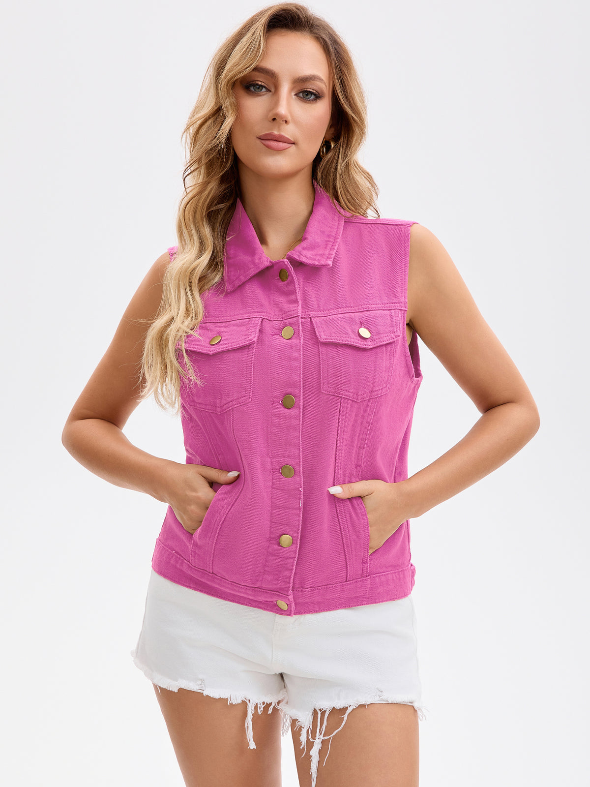 Women's Denim Vest Button Down Chest Flap Pockets Washed Distressed Sleeveless Jean Jacket