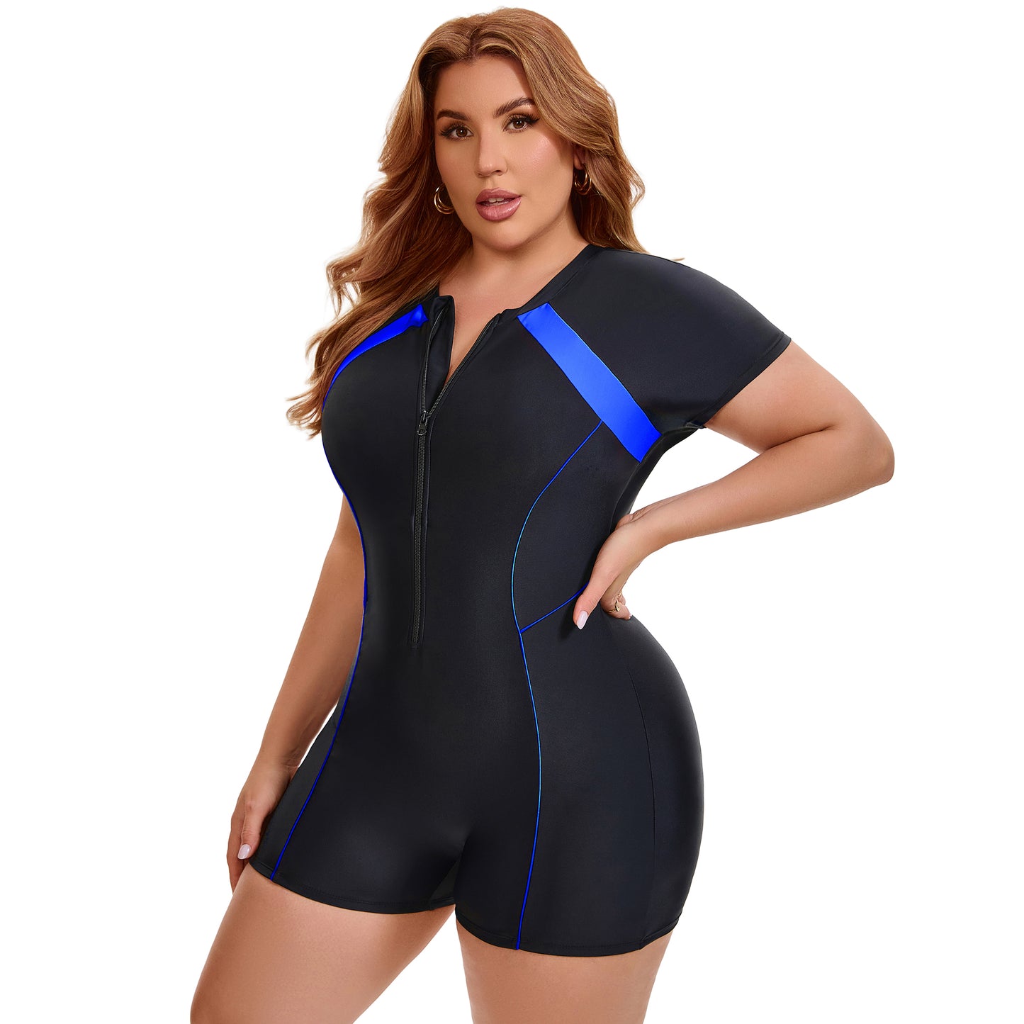 [PACK SALES] Women's Plus Size 2 Pieces Surfing Swimwear Half Zipper Front Rash Guard Beach Swimsuits