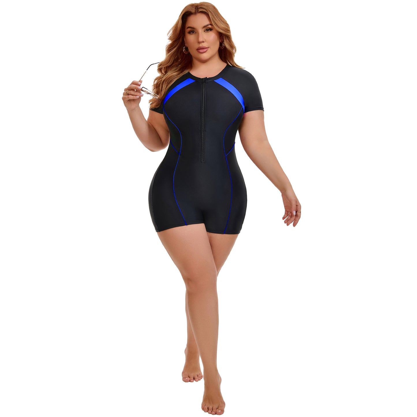 [PACK SALES] Women's Plus Size 2 Pieces Surfing Swimwear Half Zipper Front Rash Guard Beach Swimsuits