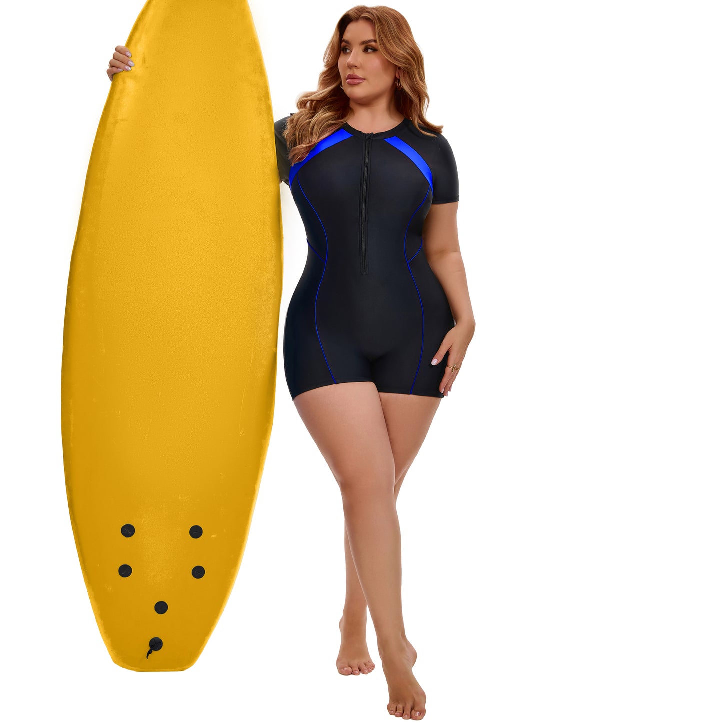 [PACK SALES] Women's Plus Size 2 Pieces Surfing Swimwear Half Zipper Front Rash Guard Beach Swimsuits