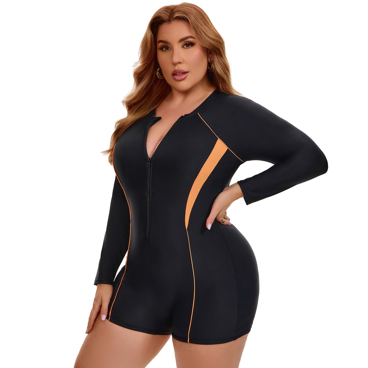 [PACK SALES] Women's Plus Size 2 Pieces Long Sleeve Surfing Bathing Suit Zip Front Rash Guard Beach Vacation Full Coverage One-Piece Swimsuits