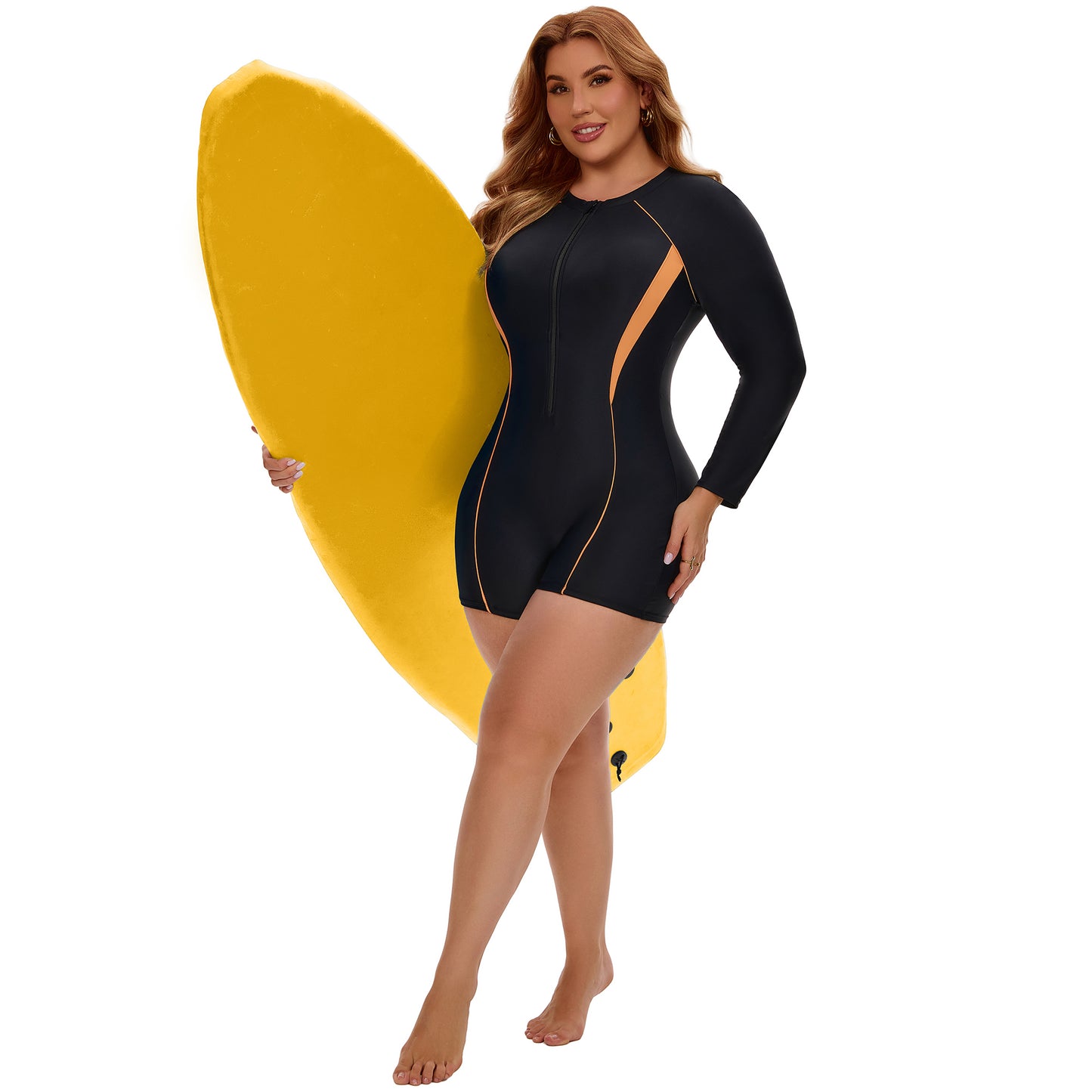 [PACK SALES] Women's Plus Size 2 Pieces Long Sleeve Surfing Bathing Suit Zip Front Rash Guard Beach Vacation Full Coverage One-Piece Swimsuits