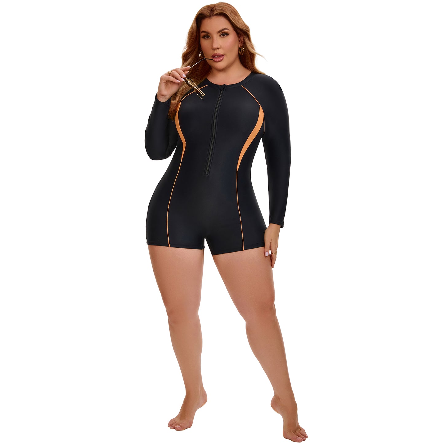 [PACK SALES] Women's Plus Size 2 Pieces Long Sleeve Surfing Bathing Suit Zip Front Rash Guard Beach Vacation Full Coverage One-Piece Swimsuits