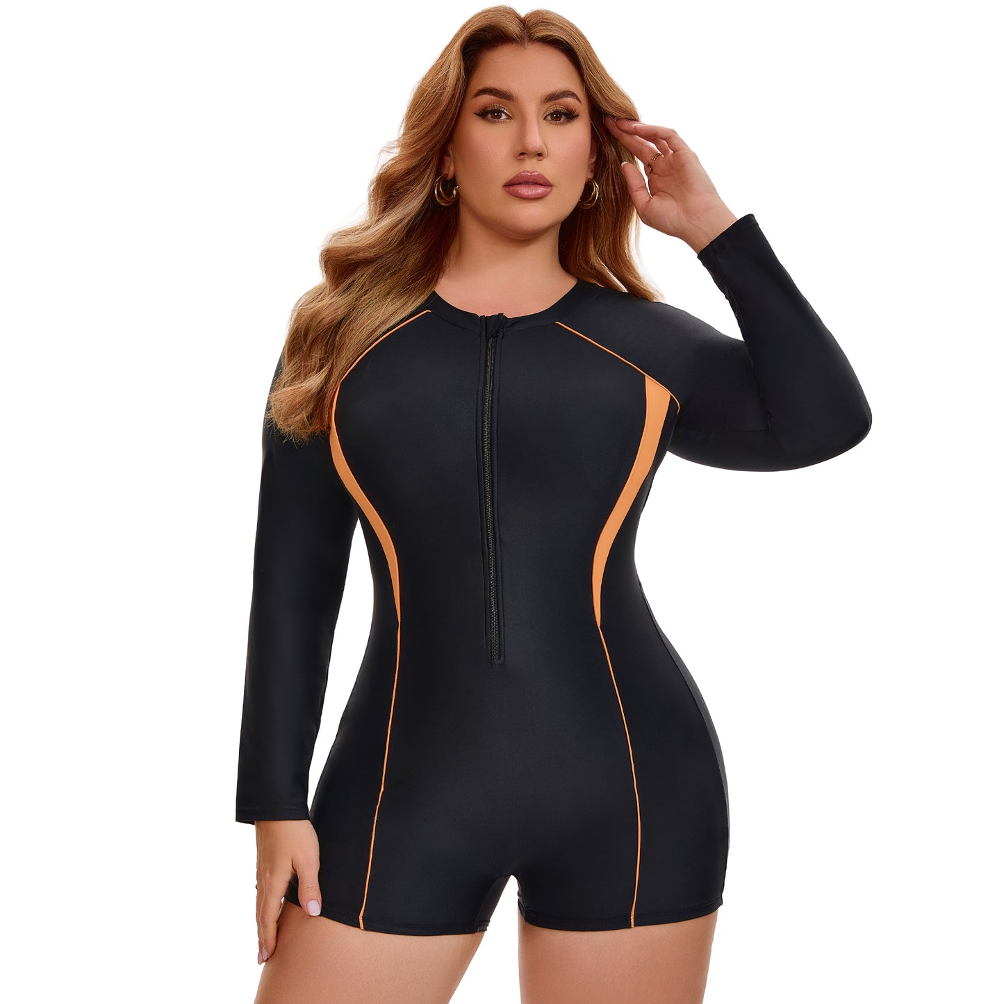 [PACK SALES] Women's Plus Size 2 Pieces Long Sleeve Surfing Bathing Suit Zip Front Rash Guard Beach Vacation Full Coverage One-Piece Swimsuits