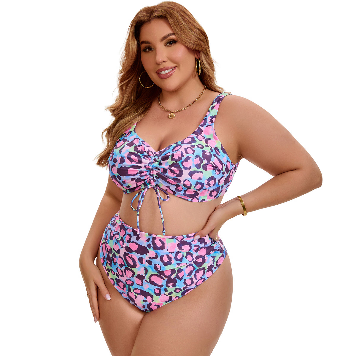 [PACK SALES] Women's Plus Size 2 Sets Bikini Drawstring Twist Front Push Up High Waisted Shirring Vacation Beach Swimsuit Set
