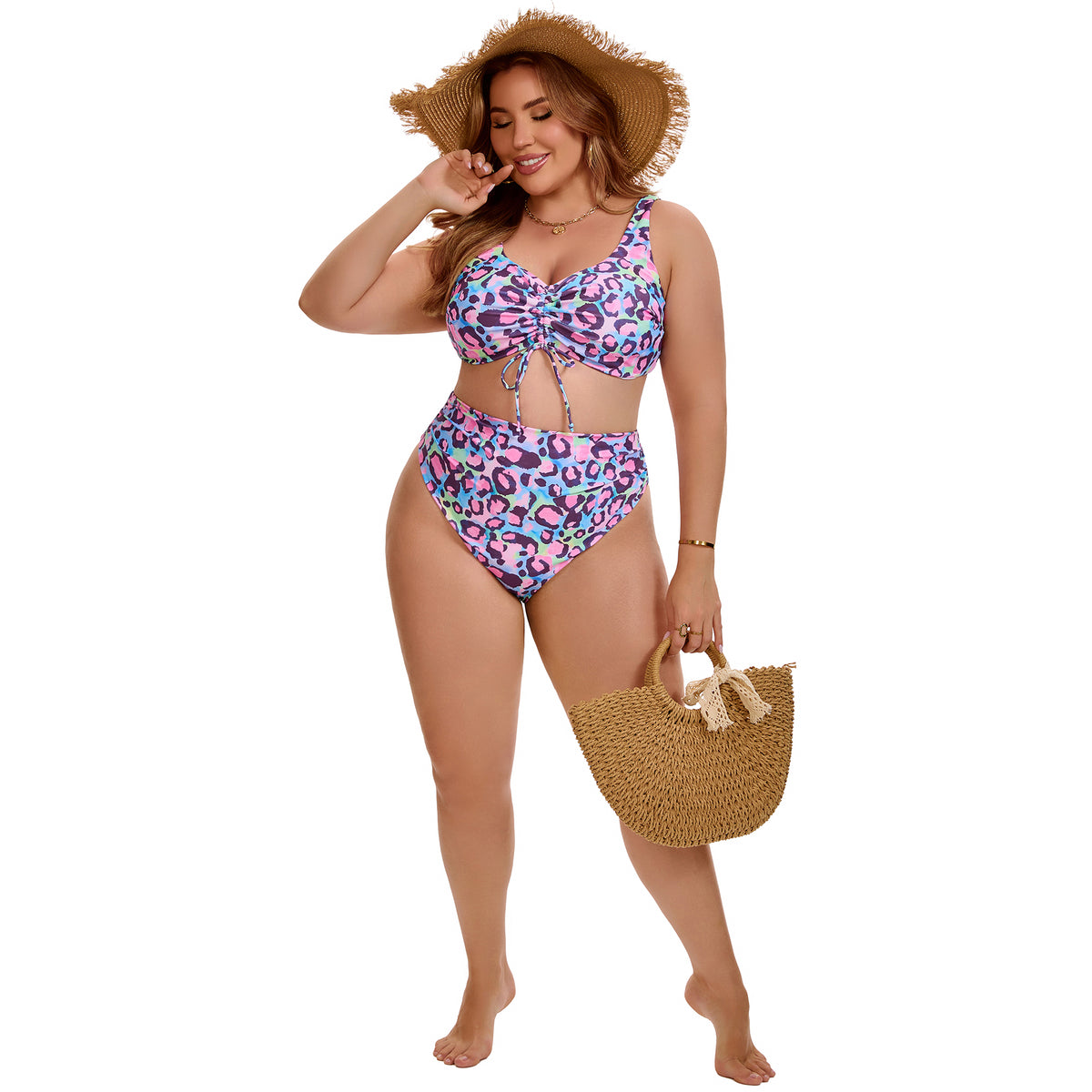 [PACK SALES] Women's Plus Size 2 Sets Bikini Drawstring Twist Front Push Up High Waisted Shirring Vacation Beach Swimsuit Set