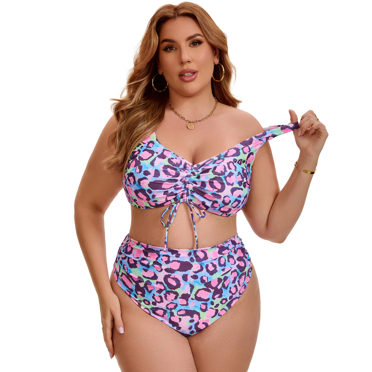 [PACK SALES] Women's Plus Size 2 Sets Bikini Drawstring Twist Front Push Up High Waisted Shirring Vacation Beach Swimsuit Set