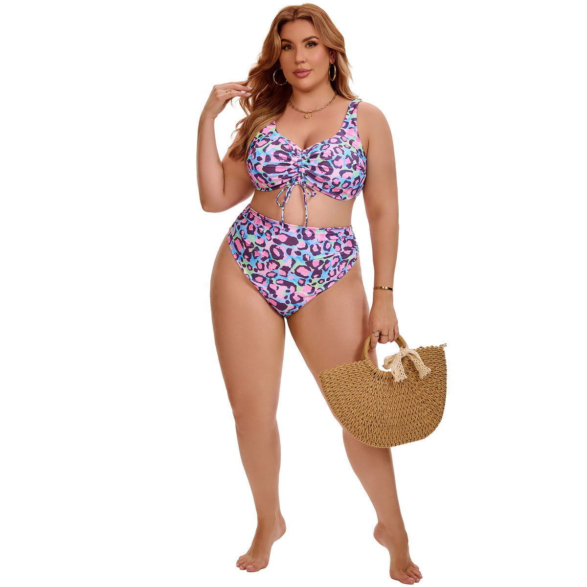 [PACK SALES] Women's Plus Size 2 Sets Bikini Drawstring Twist Front Push Up High Waisted Shirring Vacation Beach Swimsuit Set