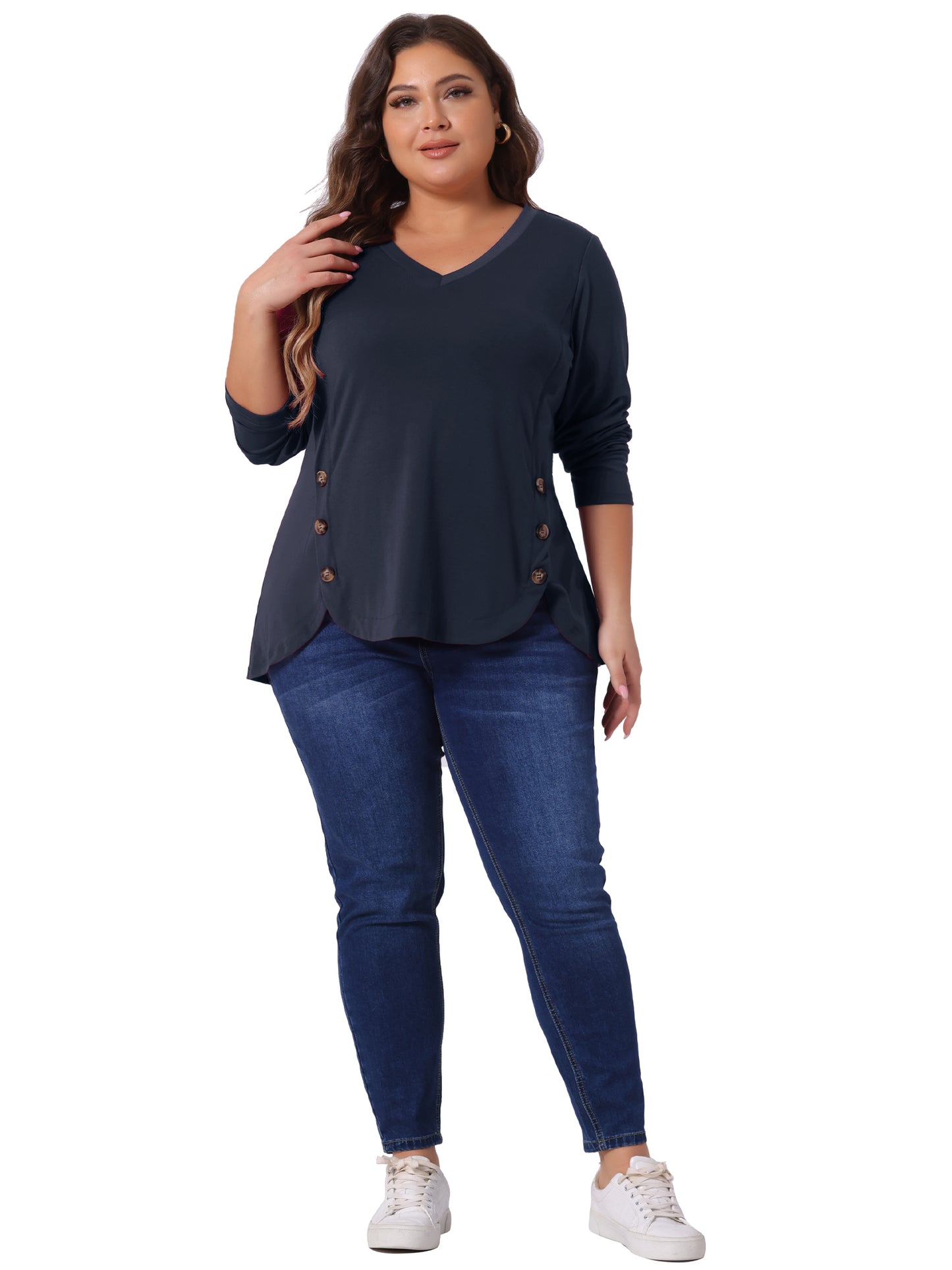 Women Plus Size Tunic Tops Casual V Neck Loose Button Side Long Sleeve Swing Blouse