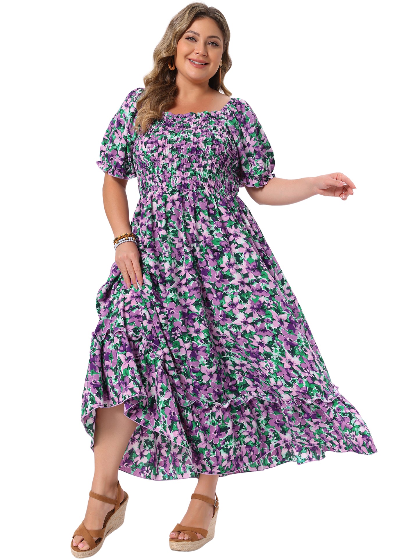 Women Plus Size Short Sleeve Shirred Square Neck Floral Maxi Long Dress