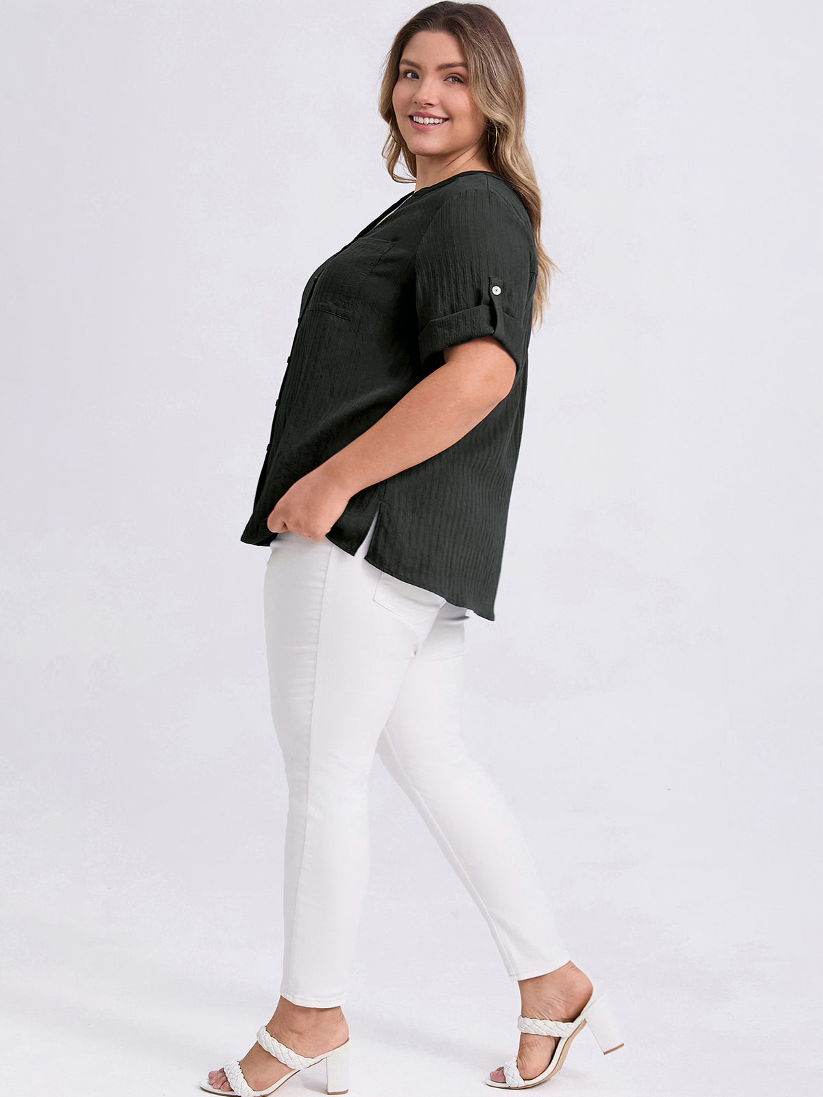 [PACK SALES] Women's Plus Size 2 Pieces Tops Palid Peplum Blouse Mandarin Collar V Neck Short Sleeves Button Blouse with Pocket