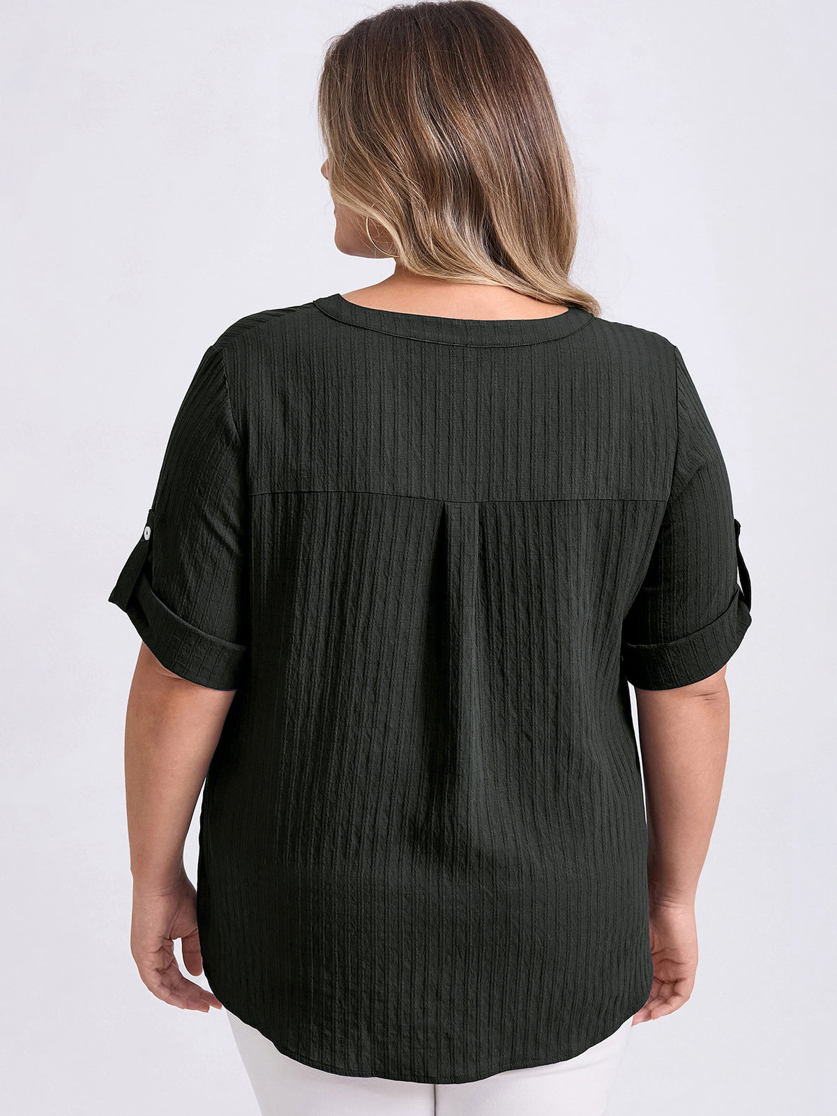[PACK SALES] Women's Plus Size 2 Pieces Tops Palid Peplum Blouse Mandarin Collar V Neck Short Sleeves Button Blouse with Pocket