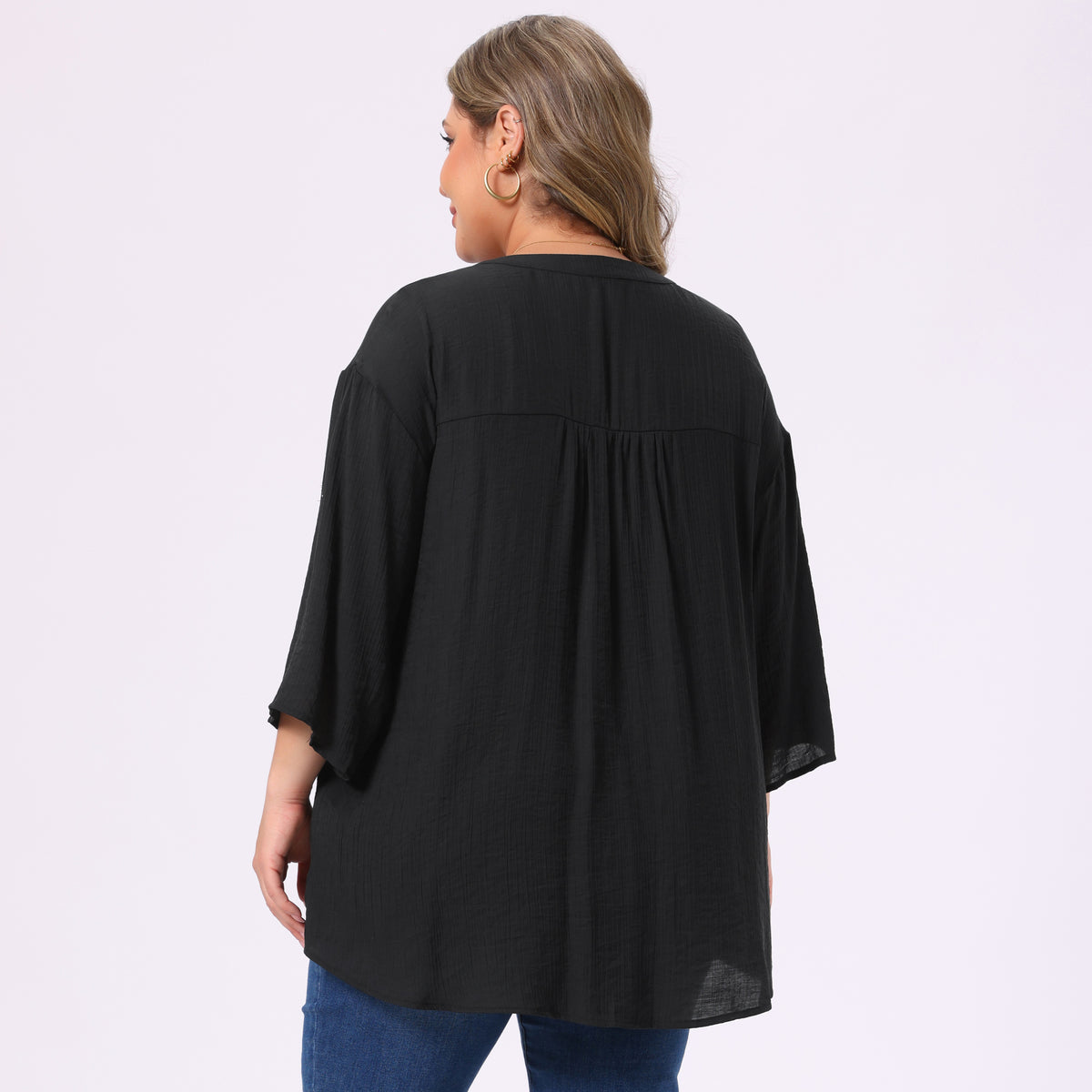 [PACK SALES] Women's Plus Size 2 Pieces Tops 3/4 Sleeves Button Down Textured Pintuck Shirts Notch V Neck Plaid Peplum Blouse