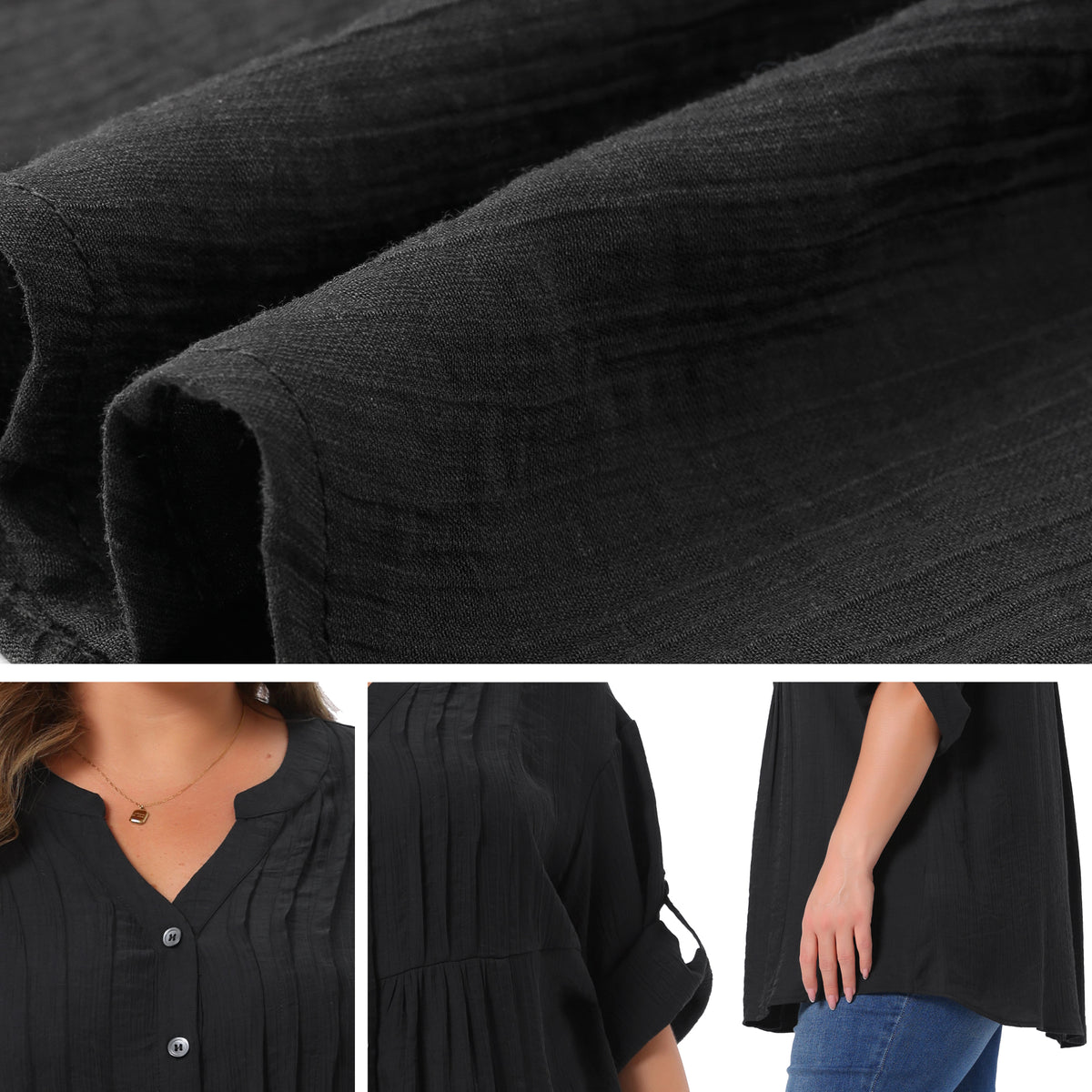 [PACK SALES] Women's Plus Size 2 Pieces Tops 3/4 Sleeves Button Down Textured Pintuck Shirts Notch V Neck Plaid Peplum Blouse