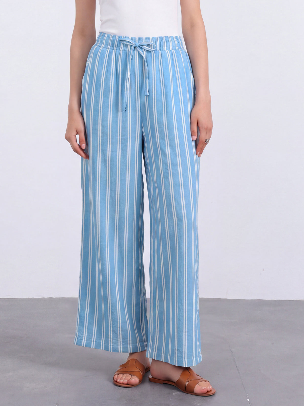 Women's Casual Drawstring Stripe Wide Leg High Waist Cotton Loose Pants