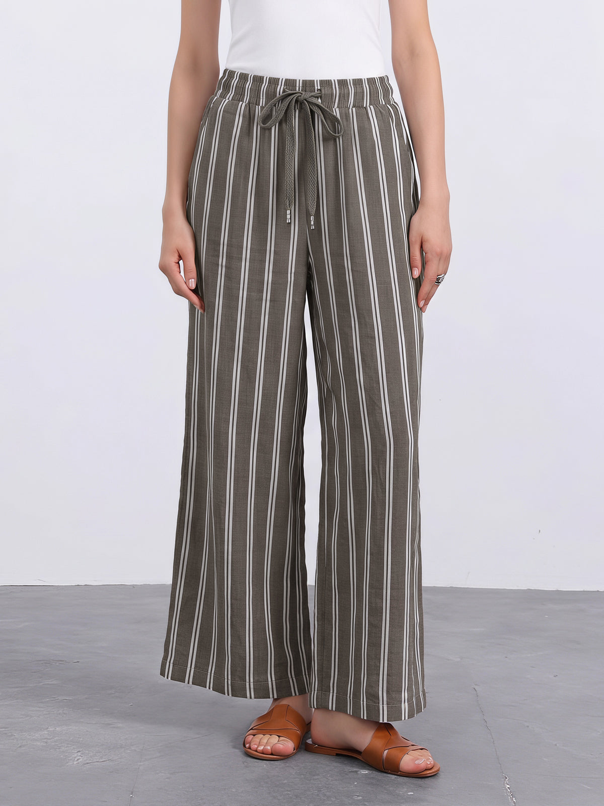 Women's Casual Drawstring Stripe Wide Leg High Waist Cotton Loose Pants