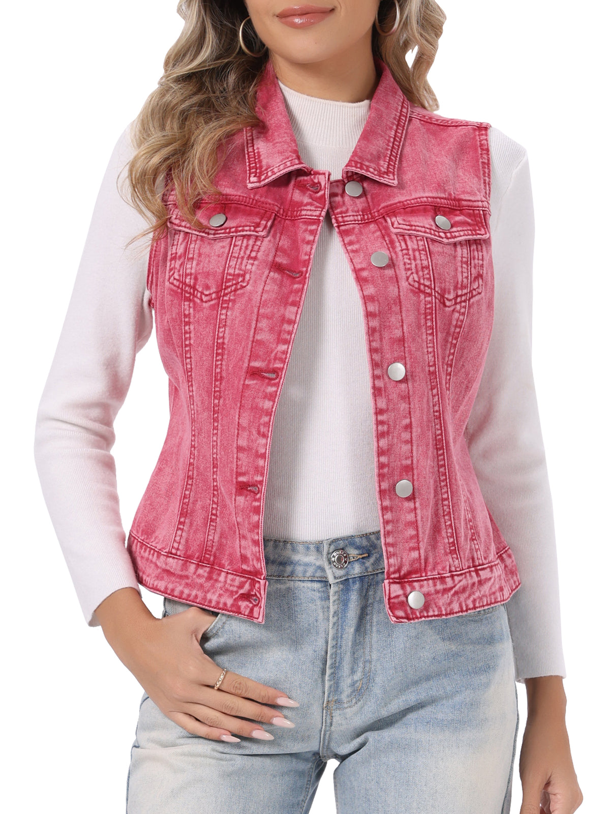 Women's Buttoned Washed Denim Vest Jacket W Chest Flap Pockets