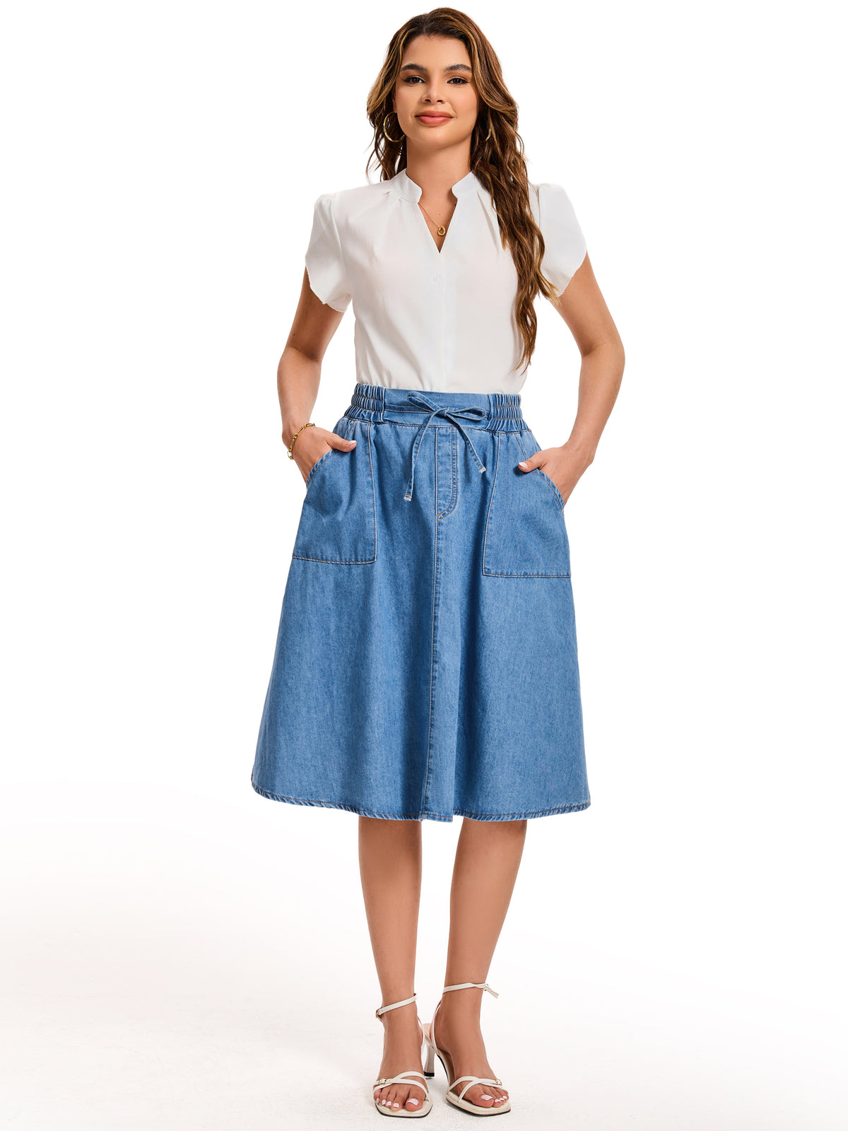 Women's Jean Elastic Waist A-Line Midi Denim Skirt with Pockets