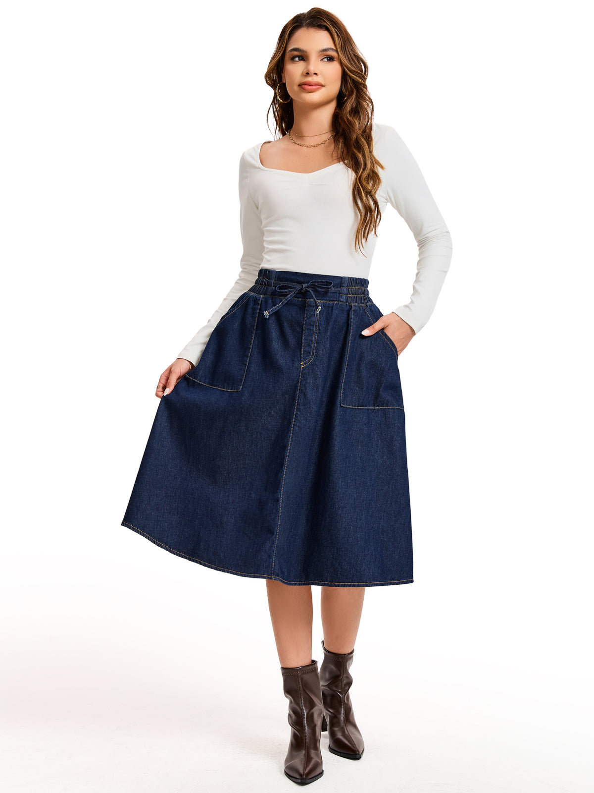 Women's Jean Elastic Waist A-Line Midi Denim Skirt with Pockets