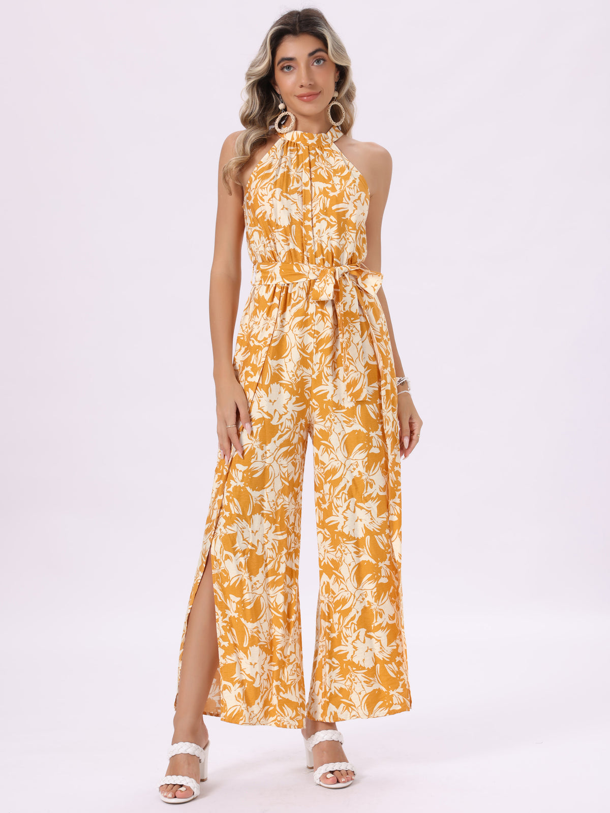 Women's Casual Sleeveless Jumpsuit Boho Pattern Tie Halter Neck Beach Slit Wide Leg Pants