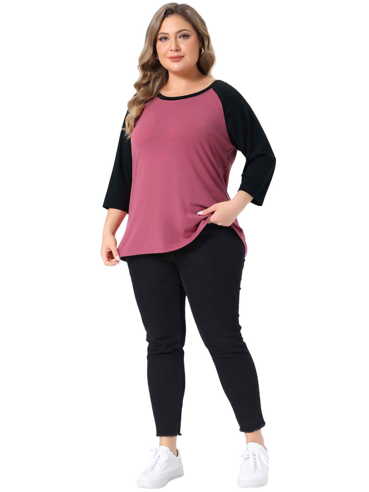 Women's Plus Size Raglan Crewneck 3/4 Sleeve Tunic Tee Shirt Floral Print T-Shirt Casual Top