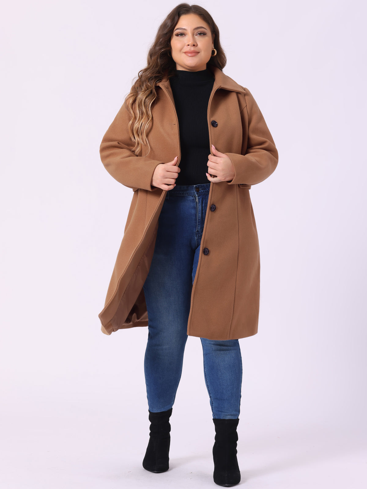 Women's Plus Size Coat Single Breasted Belted Winter Long Coat