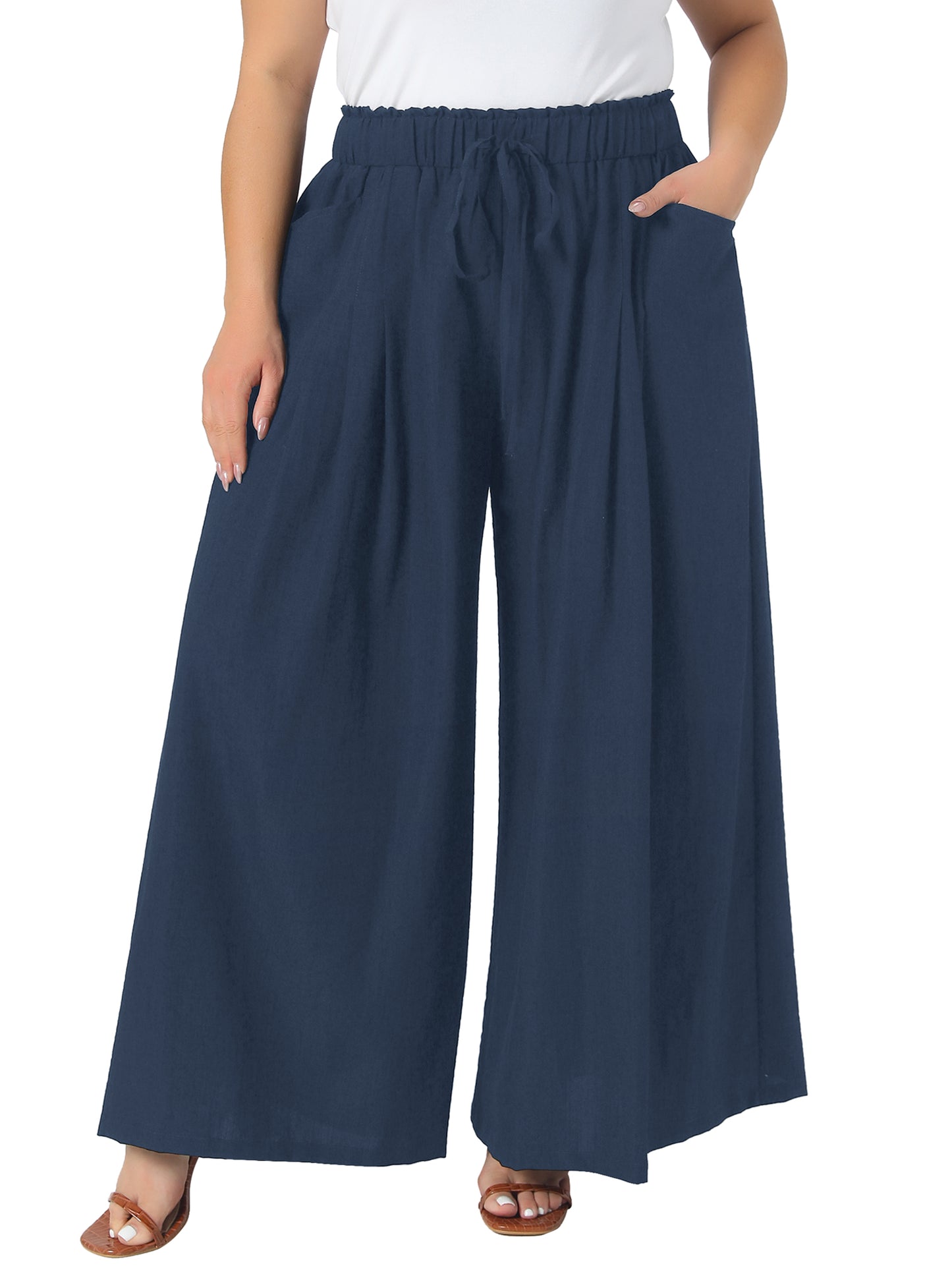 Women's Plus Size Wide Leg Pants Adjustable High Waist Flowy Palazzo Pants Trousers with Pockets