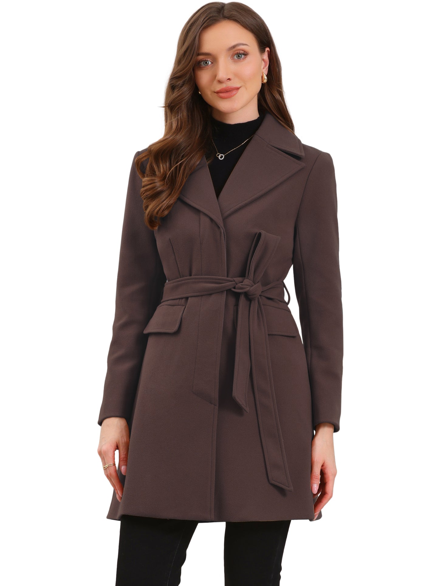 Women's Winter Pea Coats Lapel Collar Trench Overcoat with Belt