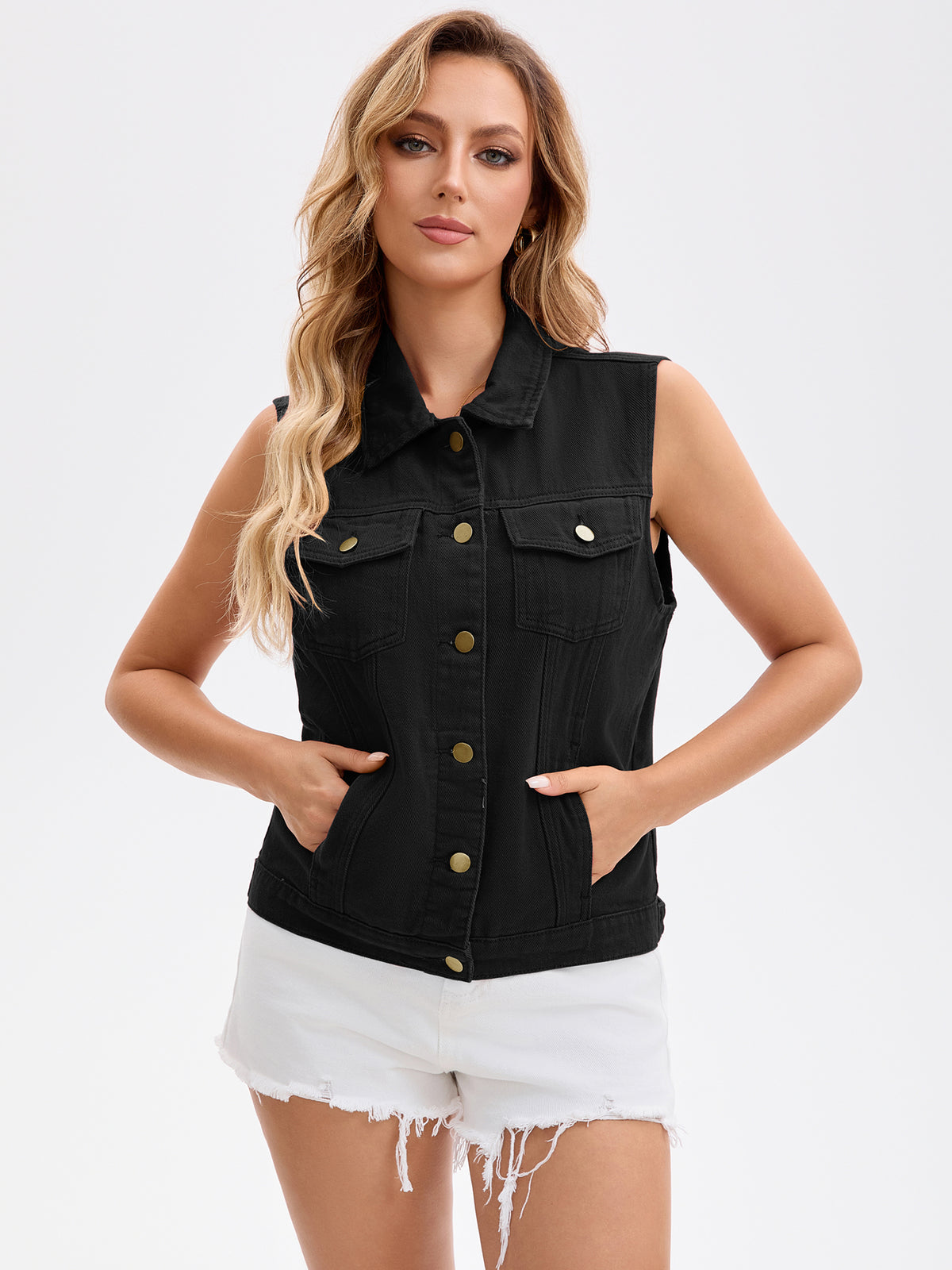 Women's Denim Vest Button Down Chest Flap Pockets Washed Distressed Sleeveless Jean Jacket