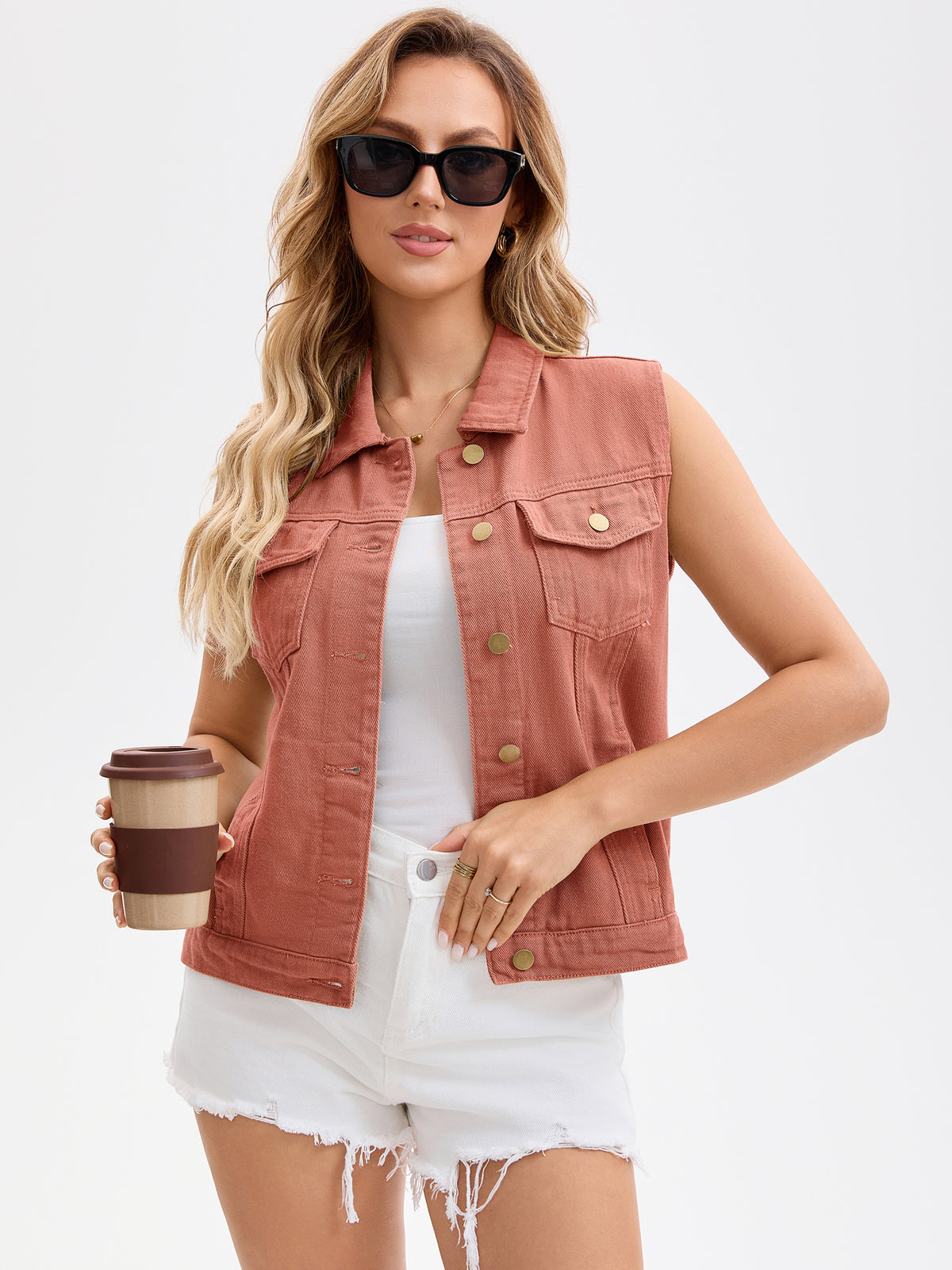 Women's Denim Vest Button Down Chest Flap Pockets Washed Distressed Sleeveless Jean Jacket
